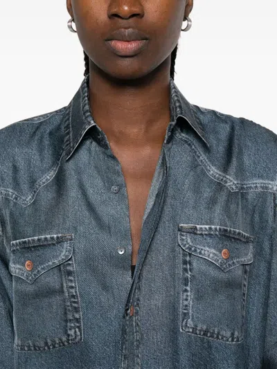 Pierre-louis Mascia Pierre Louis Mascia Denim Print Silk Shirt In Blue