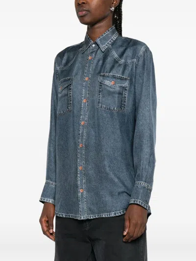 Pierre-louis Mascia Pierre Louis Mascia Denim Print Silk Shirt In Blue