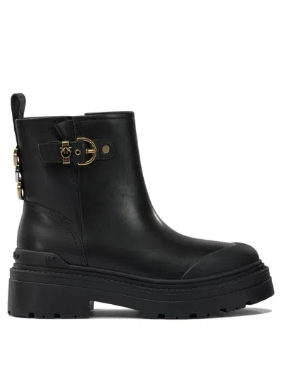 Pinko Leather Booties With Love Birds Logo In Black