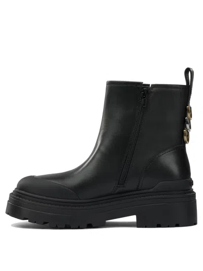 Pinko Leather Booties With Love Birds Logo In Black
