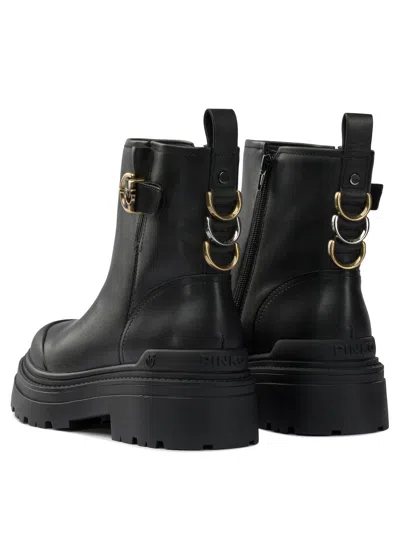 Pinko Leather Booties With Love Birds Logo In Black