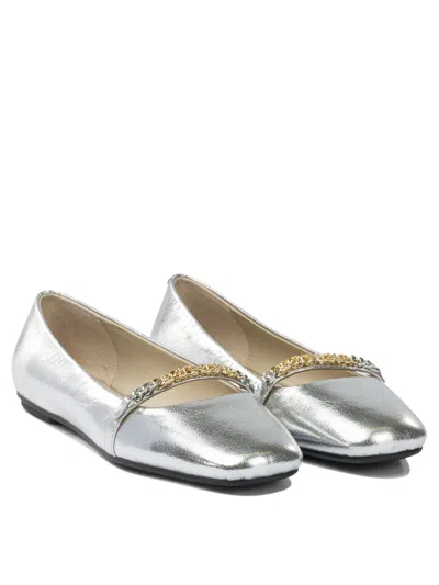 Pinko Pointed Toe Flats With Metallic Silver Finish And Chain Detail In Silver