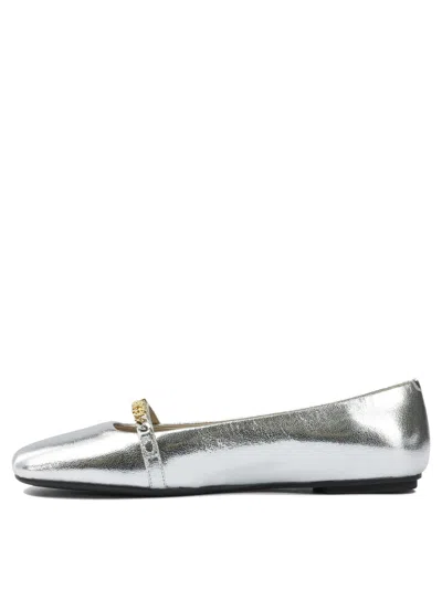 Pinko Pointed Toe Flats With Metallic Silver Finish And Chain Detail In Silver