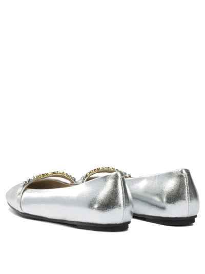 Pinko Pointed Toe Flats With Metallic Silver Finish And Chain Detail In Silver