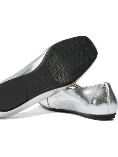 Pinko Pointed Toe Flats With Metallic Silver Finish And Chain Detail In Silver