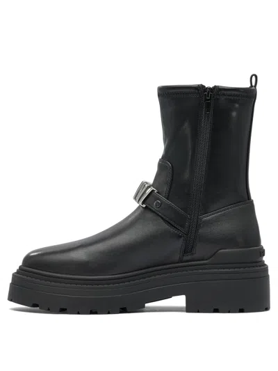 Pinko Rounded Toe Black Leather Ankle Boots With Front Strap In Black