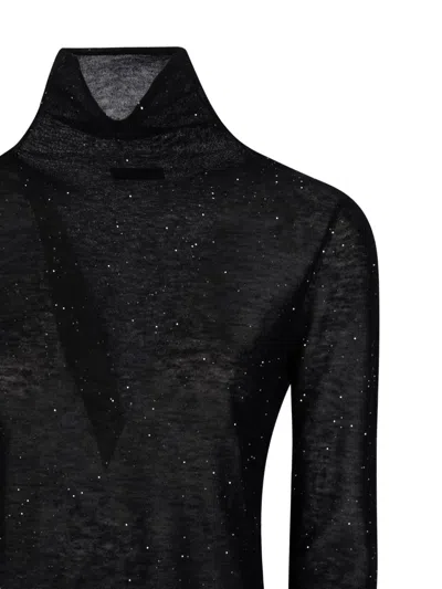 Pinko High Neck Black Wool Sweater With Micro Paillettes In Black