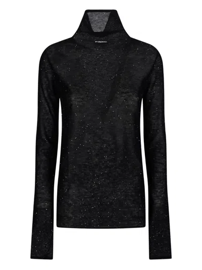 Pinko High Neck Black Wool Sweater With Micro Paillettes In Black