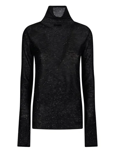 Pinko High Neck Black Wool Sweater With Micro Paillettes In Black