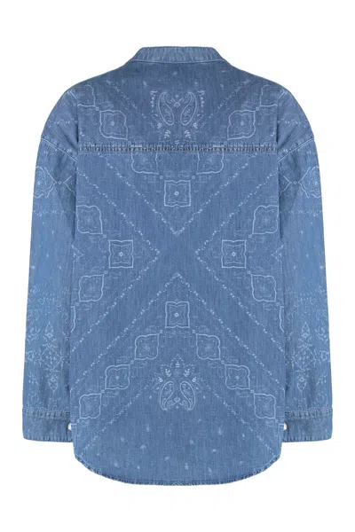 Pinko Printed V-neck Denim Blouse In Blue
