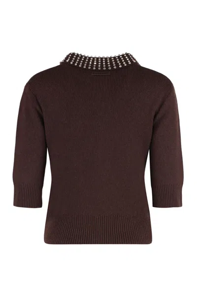 Pinko Emilia Ribbed Knit Polo Shirt In Brown