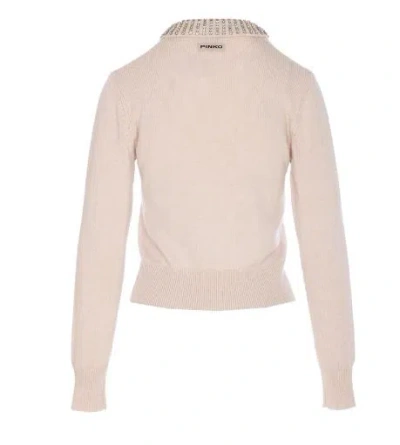 Pinko Fitted Sweater With Embellished Collar And Ribbed Details In Neutral