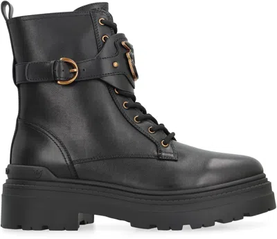 Pinko Chunky Platform Black Leather Boots With Decorative Buckle In Multi