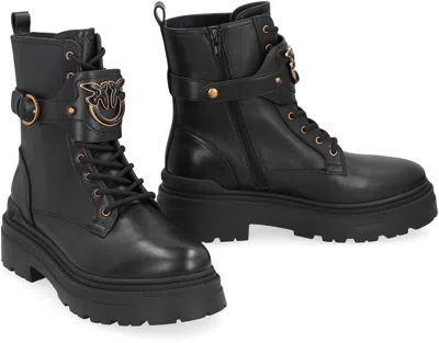 Pinko Chunky Platform Black Leather Boots With Decorative Buckle In Multi