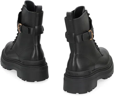 Pinko Chunky Platform Black Leather Boots With Decorative Buckle In Multi