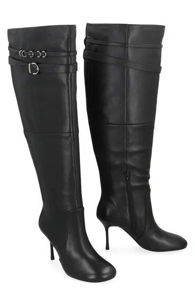 Pinko Pointed Toe Knee-high Boots With Decorative Straps In Black