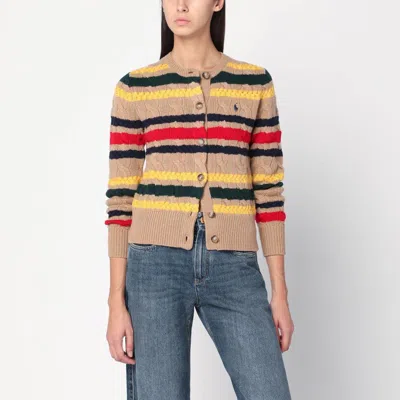 Polo Ralph Lauren Striped Cable Knit Cardigan With Ribbed Cuffs And Hem In Multi