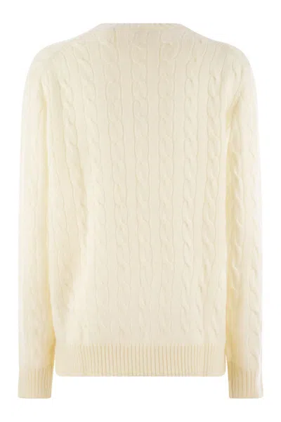 Polo Ralph Lauren Classic Cable Knit Sweater With Round Neckline And Ribbed Details In Neutral