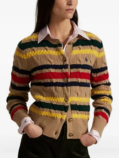 Polo Ralph Lauren Striped Cable Knit Cardigan With Ribbed Cuffs And Hem