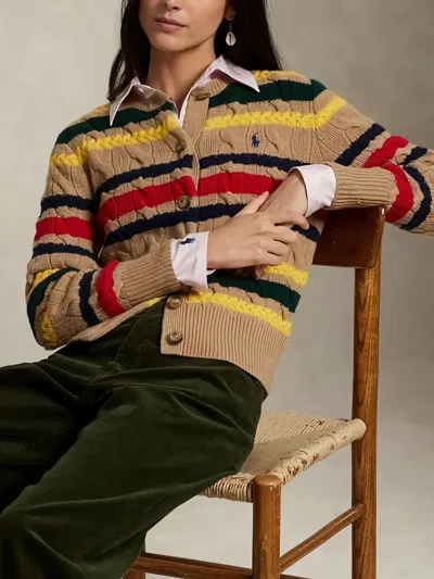Polo Ralph Lauren Striped Cable Knit Cardigan With Ribbed Cuffs And Hem