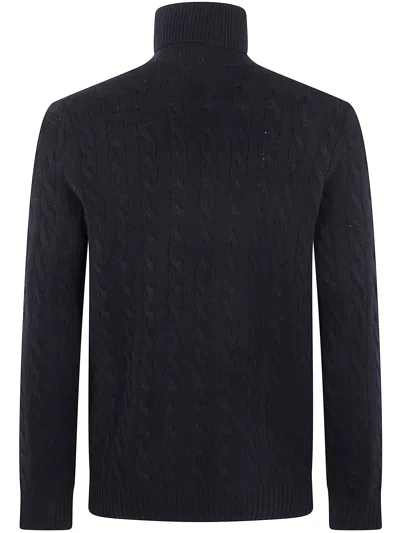 Polo Ralph Lauren Cable Knit Black Turtleneck Sweater With Embroidered Logo In Blue