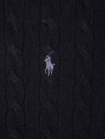 Polo Ralph Lauren Cable Knit Black Turtleneck Sweater With Embroidered Logo In Blue