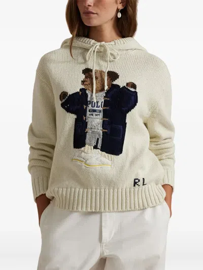 Polo Ralph Lauren Womens Parchment Cream Polo Bear-intarsia Hooded Cotton And Linen-blend Knitted Jumper Xs In Multi
