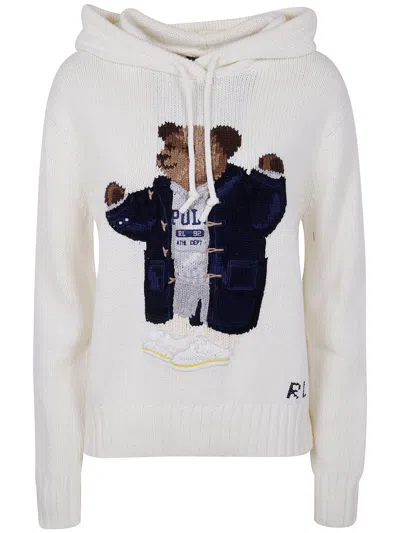 Polo Ralph Lauren Womens Parchment Cream Polo Bear-intarsia Hooded Cotton And Linen-blend Knitted Jumper Xs In Multi