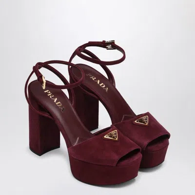 Prada Block Heel Open Toe Sandals With Suede Finish In Burgundy