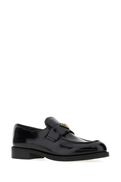 Prada Leather Loafers With Round Toe And Shiny Finish In Black