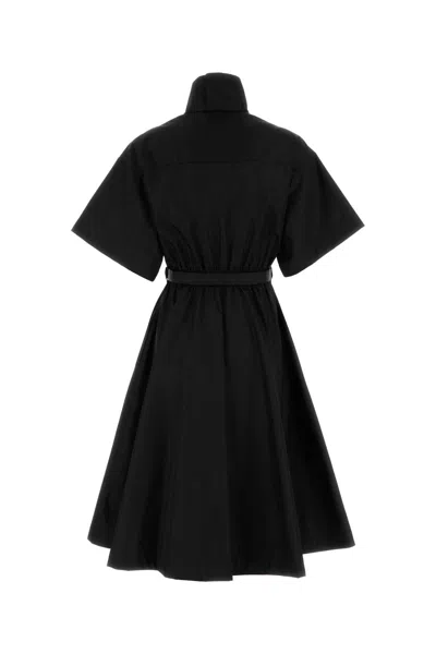 Prada Nylon Dress With Belted Waist And Flared Skirt In Black