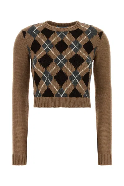 Prada Cashmere Sweater With Cropped Length And Argyle In Brown