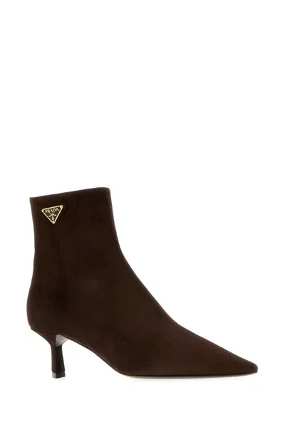 Prada Suede Ankle Boots Featuring Kitten Heel In Brown