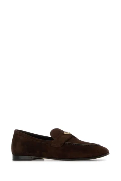 Prada Dark Brown Suede Loafers In Brown