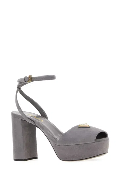 Prada Suede Block Heel Sandals With Open Toe In Gray