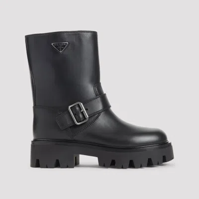 Prada Mid-calf Chunky Sole Round Toe Boots In Black