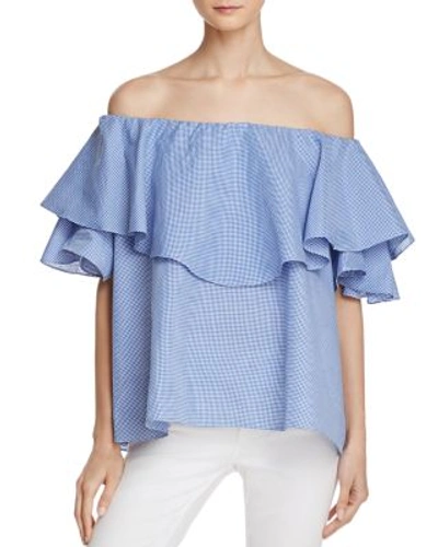 Mlm Label Maison Gingham Off-the-shoulder Ruffle Dress In Blue Gingham