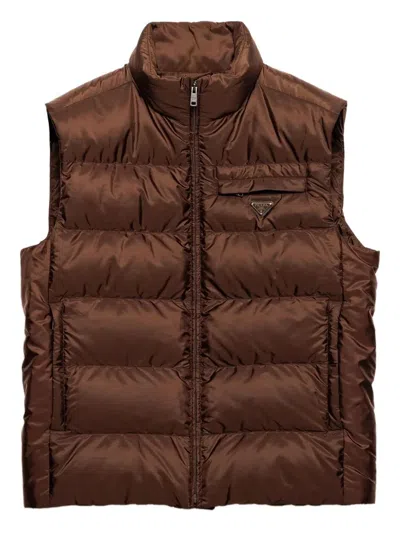 Prada Mens Brown Re-nylon Quilted Woven Gilet In Burgundy