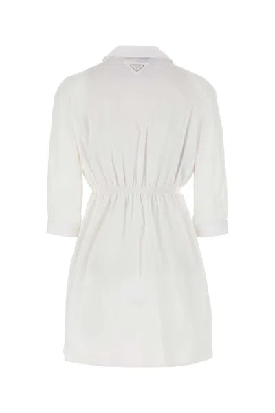 Prada Poplin Shirt Dress With Belt And Pockets In White