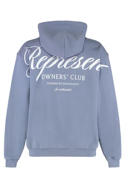 Represent Mens Owners Club Script Logo-print Cotton Hoody Dusty Blue In Blue