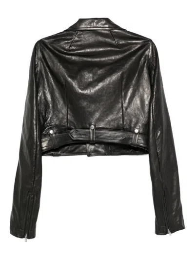 Rick Owens Cropped Leather Jacket Removable Belt In Black