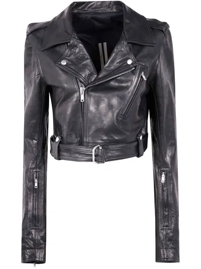 Rick Owens Cropped Leather Jacket Removable Belt In Black