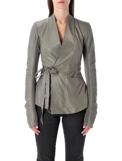 Rick Owens Womens Washed Indigo Hollywood Wrap-front Leather Jacket In Gray
