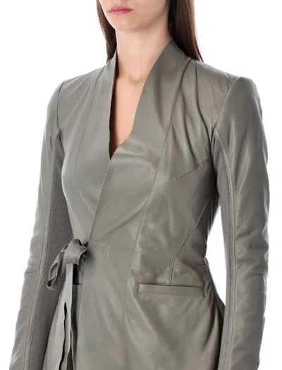 Rick Owens Womens Washed Indigo Hollywood Wrap-front Leather Jacket In Gray