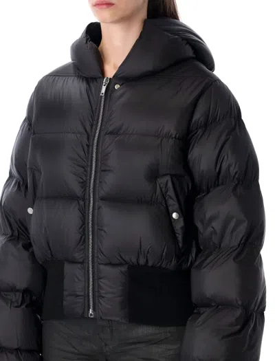 Rick Owens Black Down Jacket With Crop Design And Fixed Hood In Tech Fabric Woman