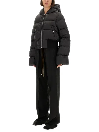 Rick Owens Black Down Jacket With Crop Design And Fixed Hood In Tech Fabric Woman