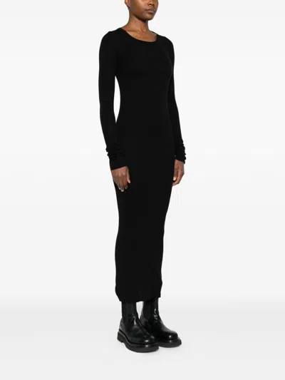 Rick Owens Black Concordians Rib Long Sleeve Midi Dress In Black