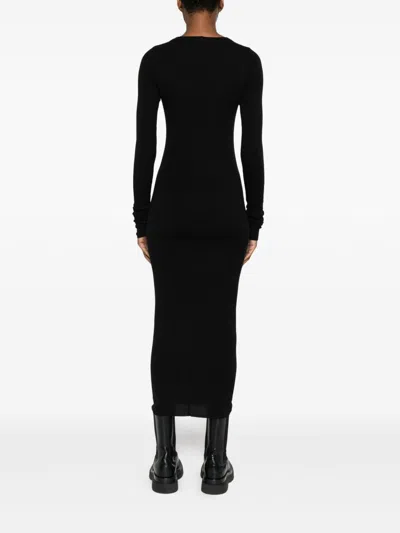 Rick Owens Black Concordians Rib Long Sleeve Midi Dress In Black