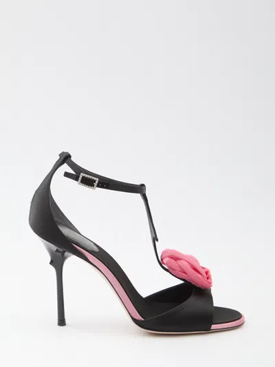 Roger Vivier Rose Vivier Satin T-strap Sandal In Black