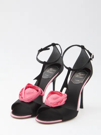Roger Vivier Rose Vivier Satin T-strap Sandal In Black